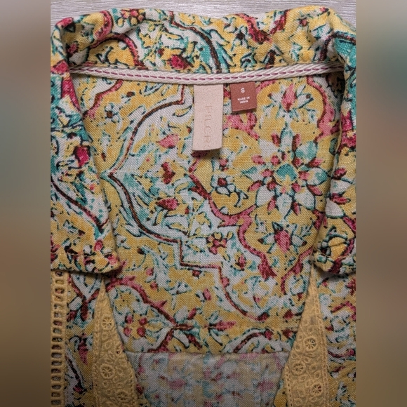 Anthropologie Yellow Printed Embroidered Puff Sleeve V-Neck Button-Up Blouse - Picture 11 of 12